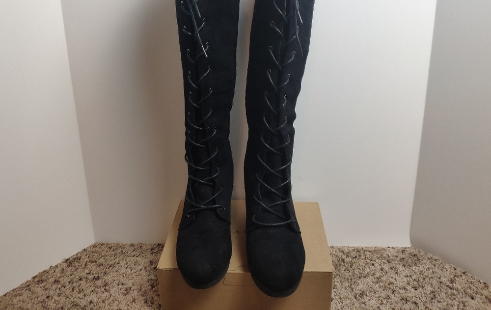 Just Fab Black Lace Up Wedge Boots Faux Suede